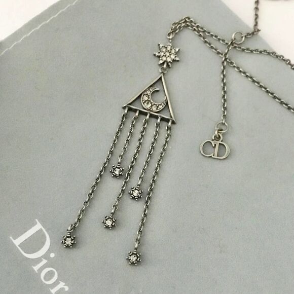 CHRISTIAN DIOR Silver Pendant Lariat Necklace MOON & STARS - Picture 3 of 13
